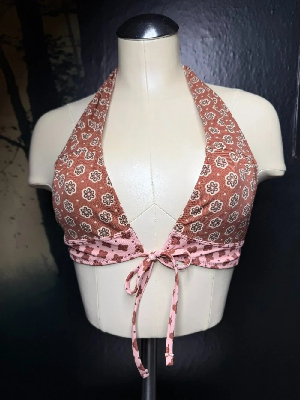 Wild Fable Reversible Bikini Top L Brown Pink Ditsy Retro Floral Halter Target